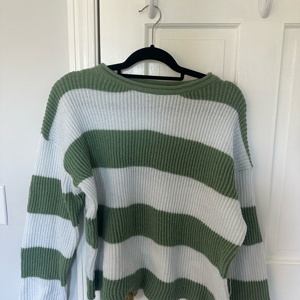 SHEIN Olive and White Striped Crew Neck Sweater